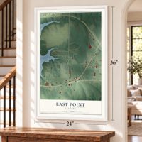 East Point, Alabama map, 24 x 36 inch print in a white frame by a staircase
