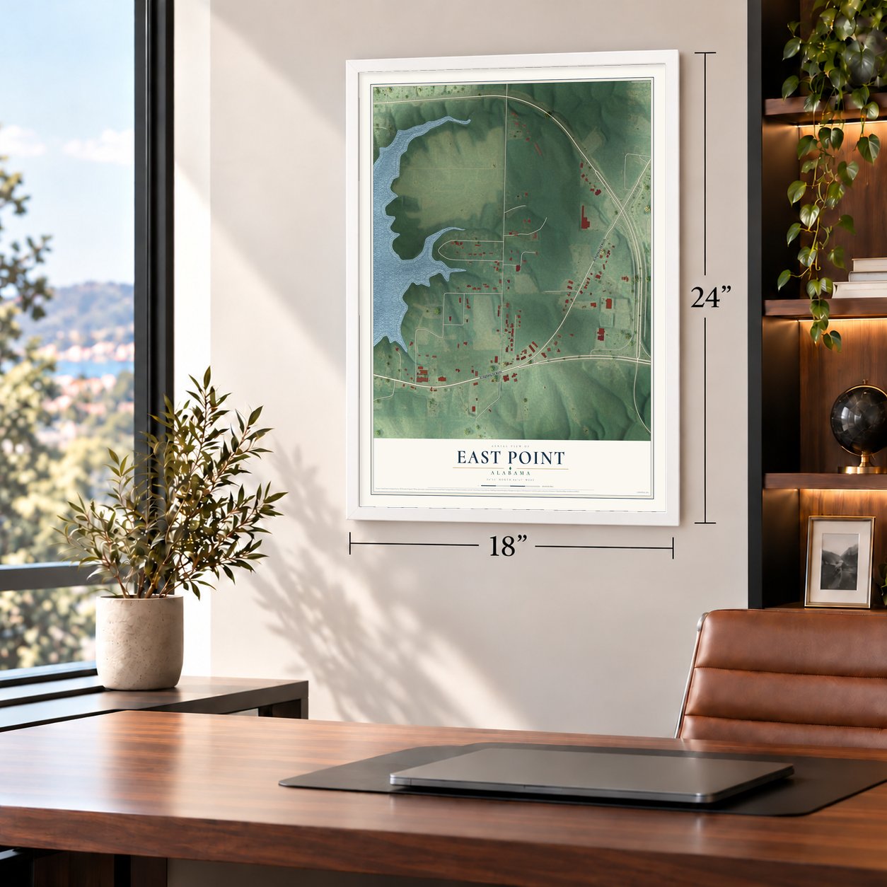 East Point, Alabama map, 18 x 24 inch print in a white frame in a home office