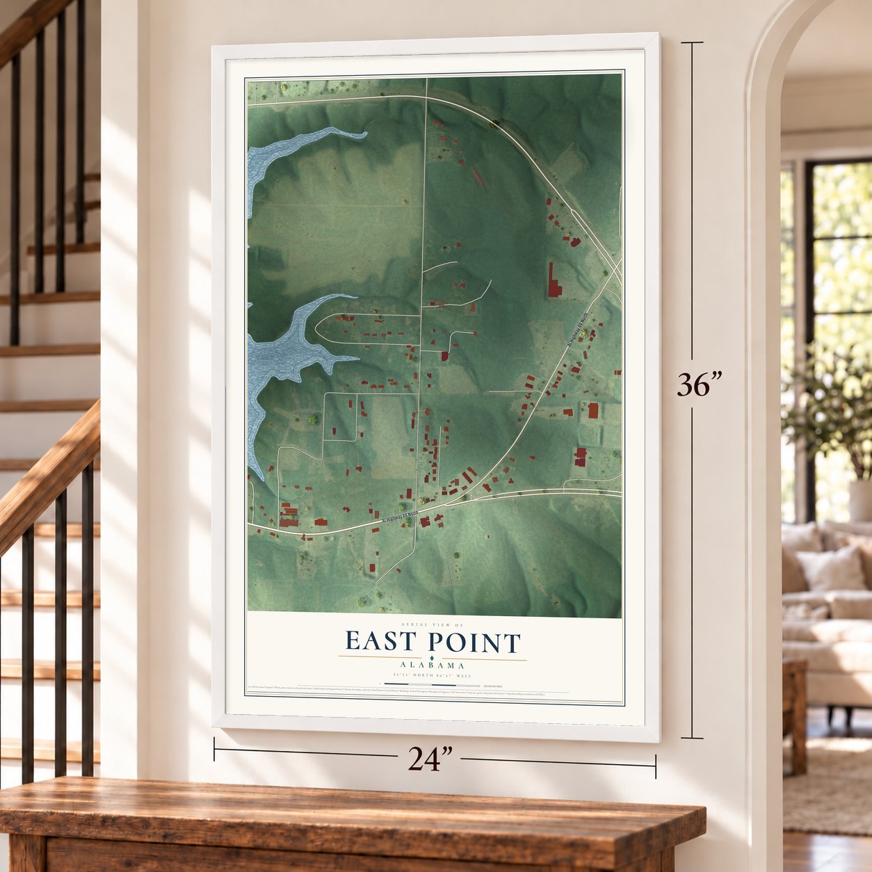 East Point, Alabama map, 24 x 36 inch print in a white frame by a staircase