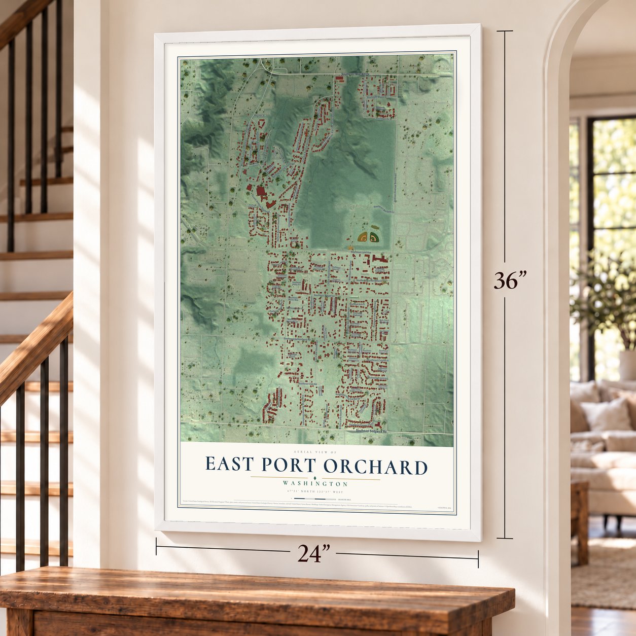 East Port Orchard, Washington map, 24 x 36 inch print in a white frame by a staircase