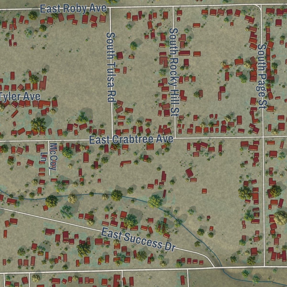 Second close-up of the map of East Porterville, California print showing more streets and buildings