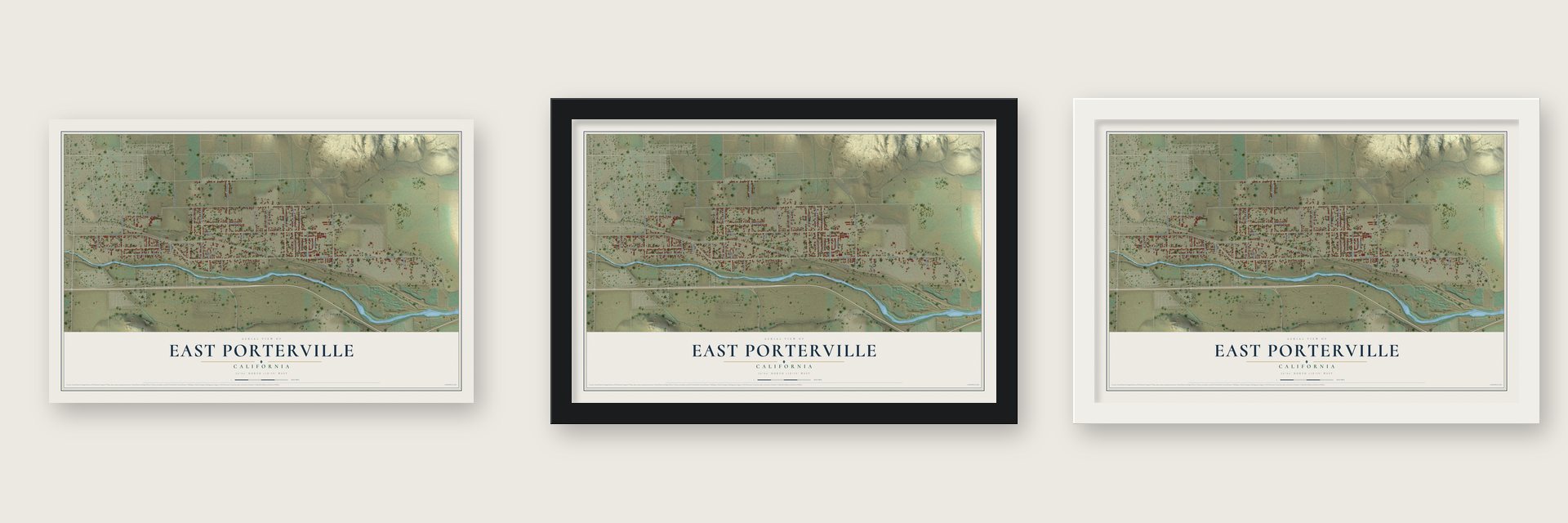 East Porterville, California map unframed, in a black wood frame and in a white wood frame