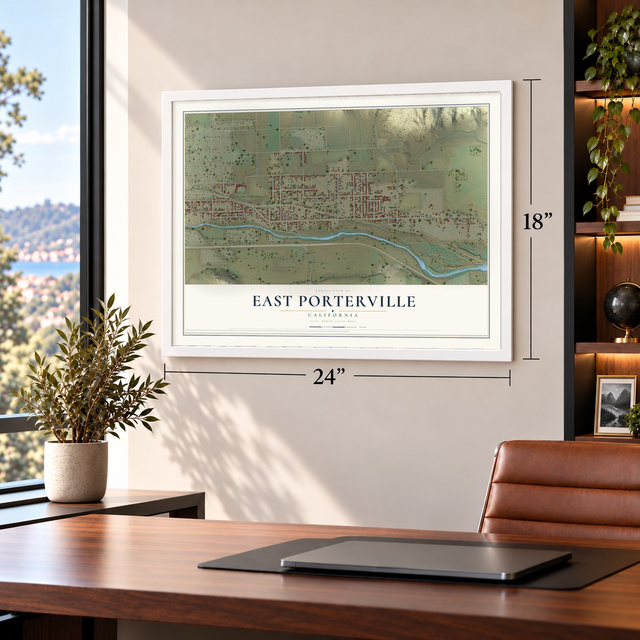 East Porterville, California map, 18 x 24 inch print in a white frame in a home office