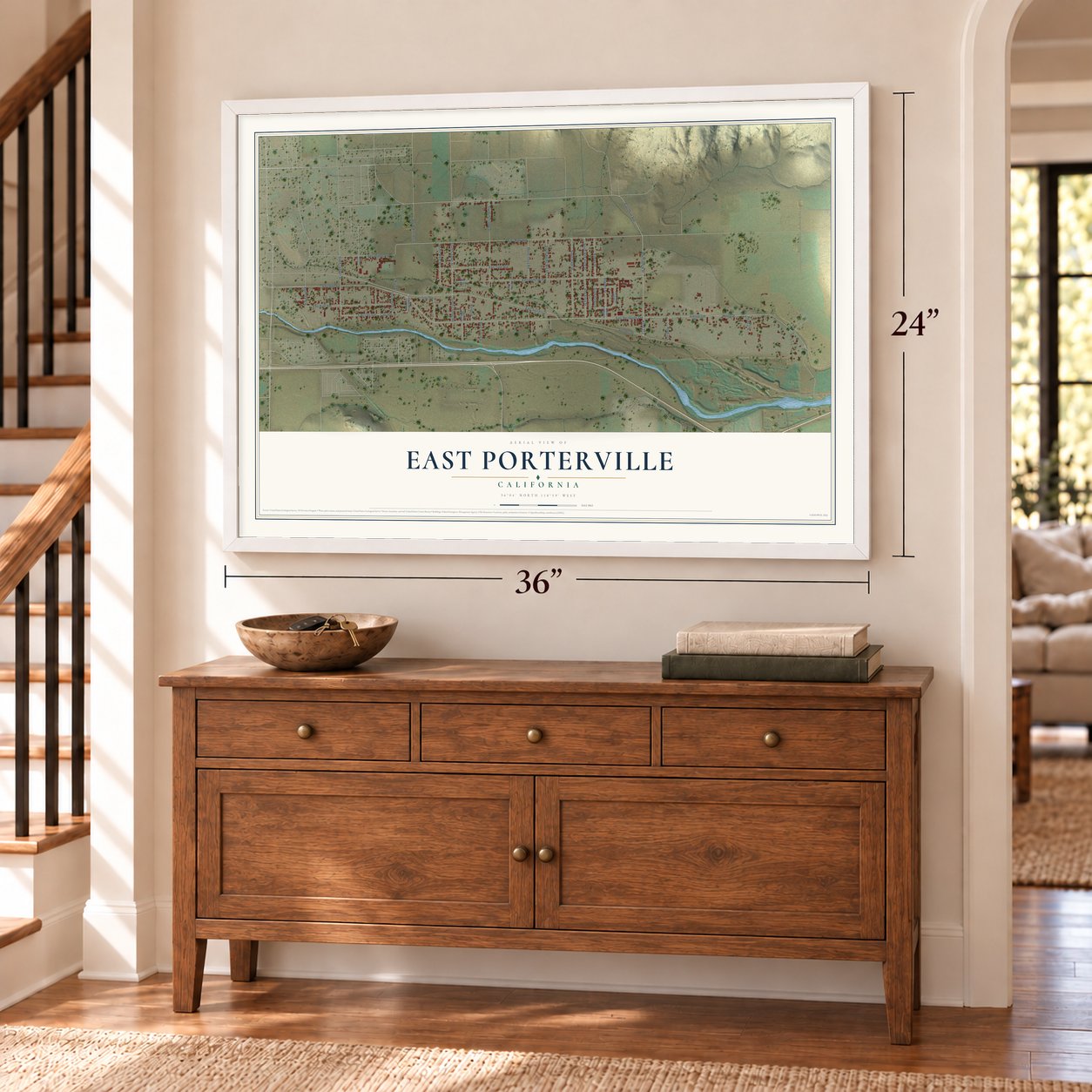 East Porterville, California map, 24 x 36 inch print in a white frame above a dresser by a staircase