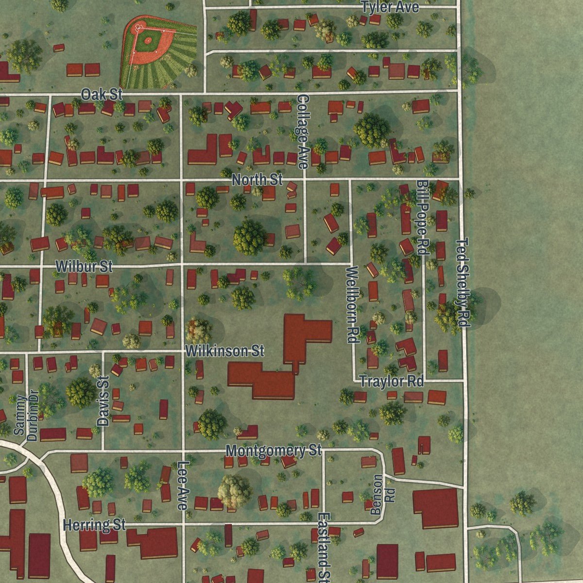 Second close-up of the map of East Prairie, Missouri print showing more streets and buildings