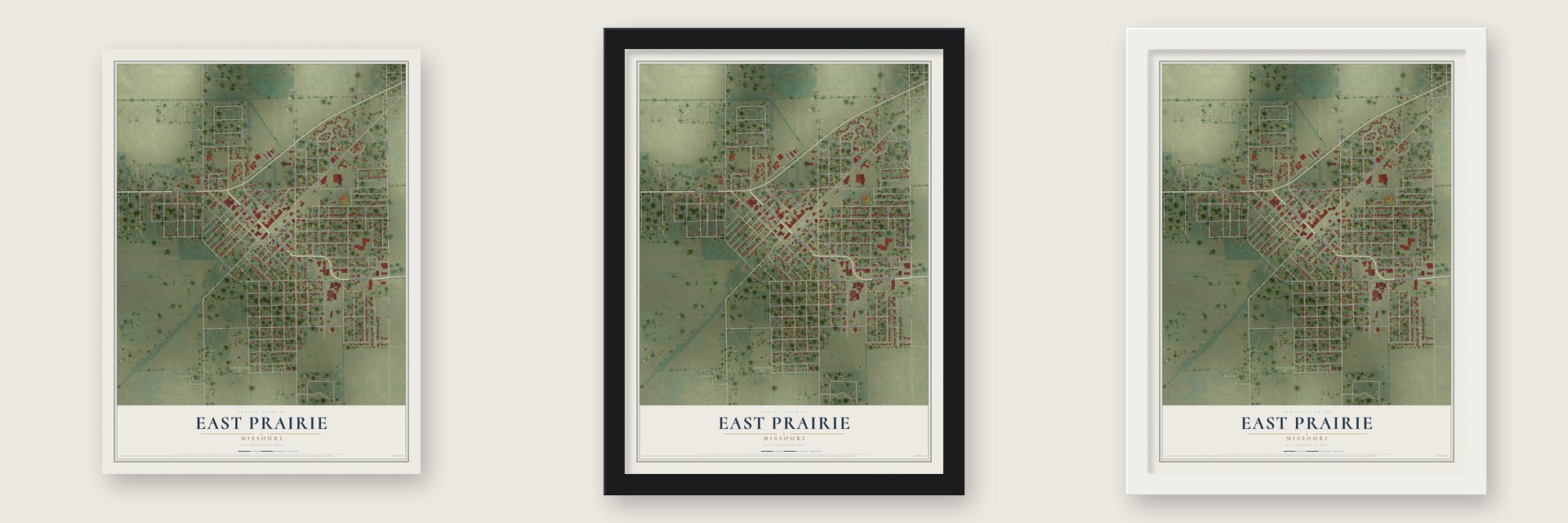 East Prairie, Missouri map unframed, in a black wood frame and in a white wood frame