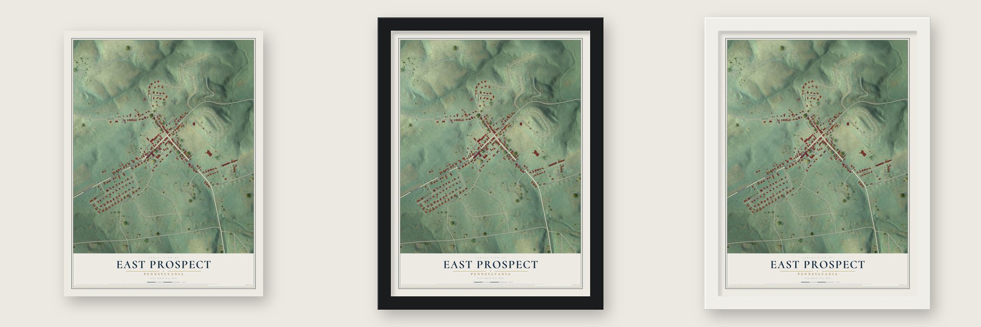 East Prospect, Pennsylvania map unframed, in a black wood frame and in a white wood frame