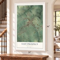 East Prospect, Pennsylvania map, 24 x 36 inch print in a white frame by a staircase
