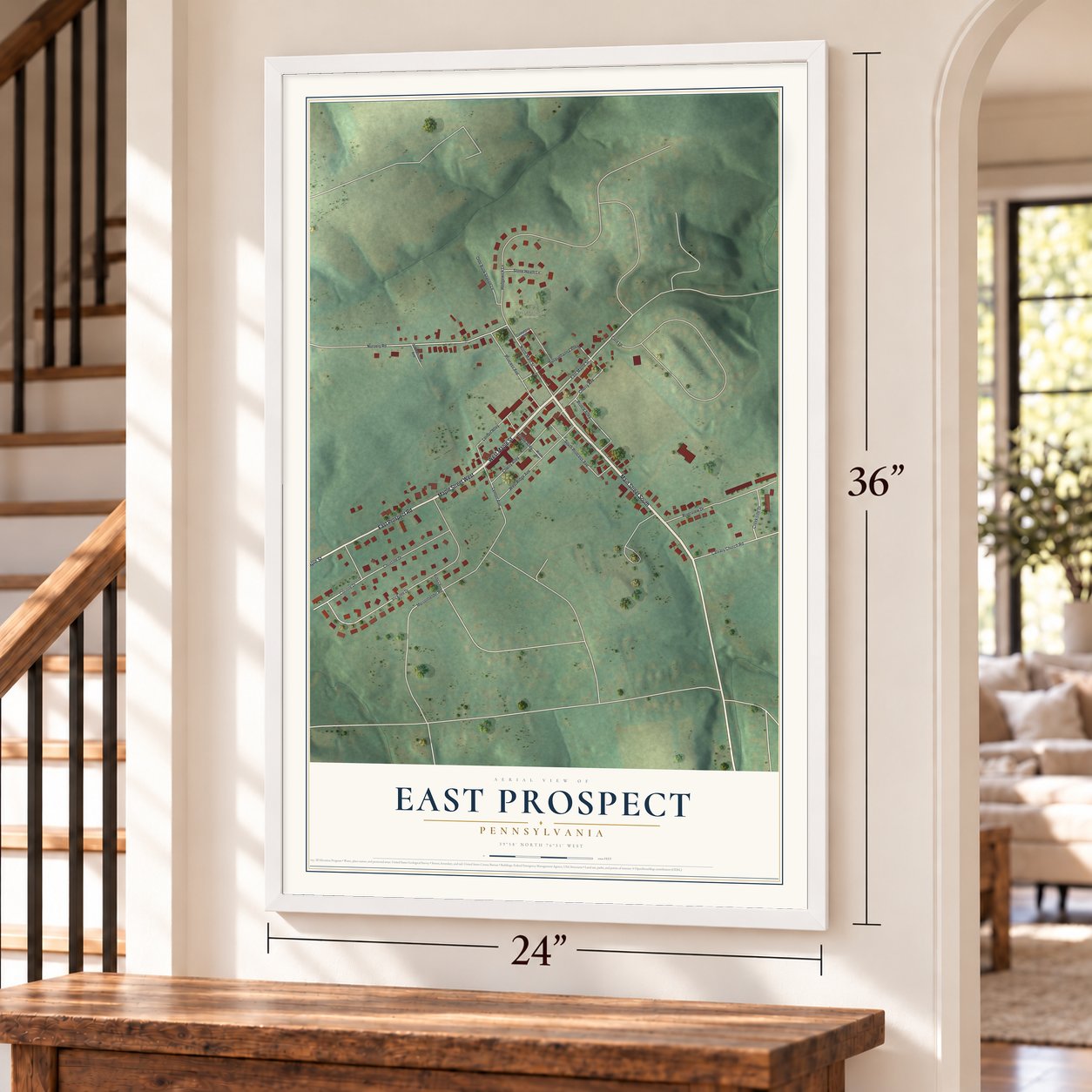 East Prospect, Pennsylvania map, 24 x 36 inch print in a white frame by a staircase