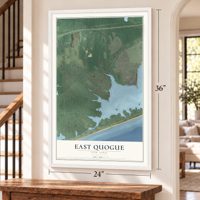 East Quogue, New York map, 24 x 36 inch print in a white frame by a staircase