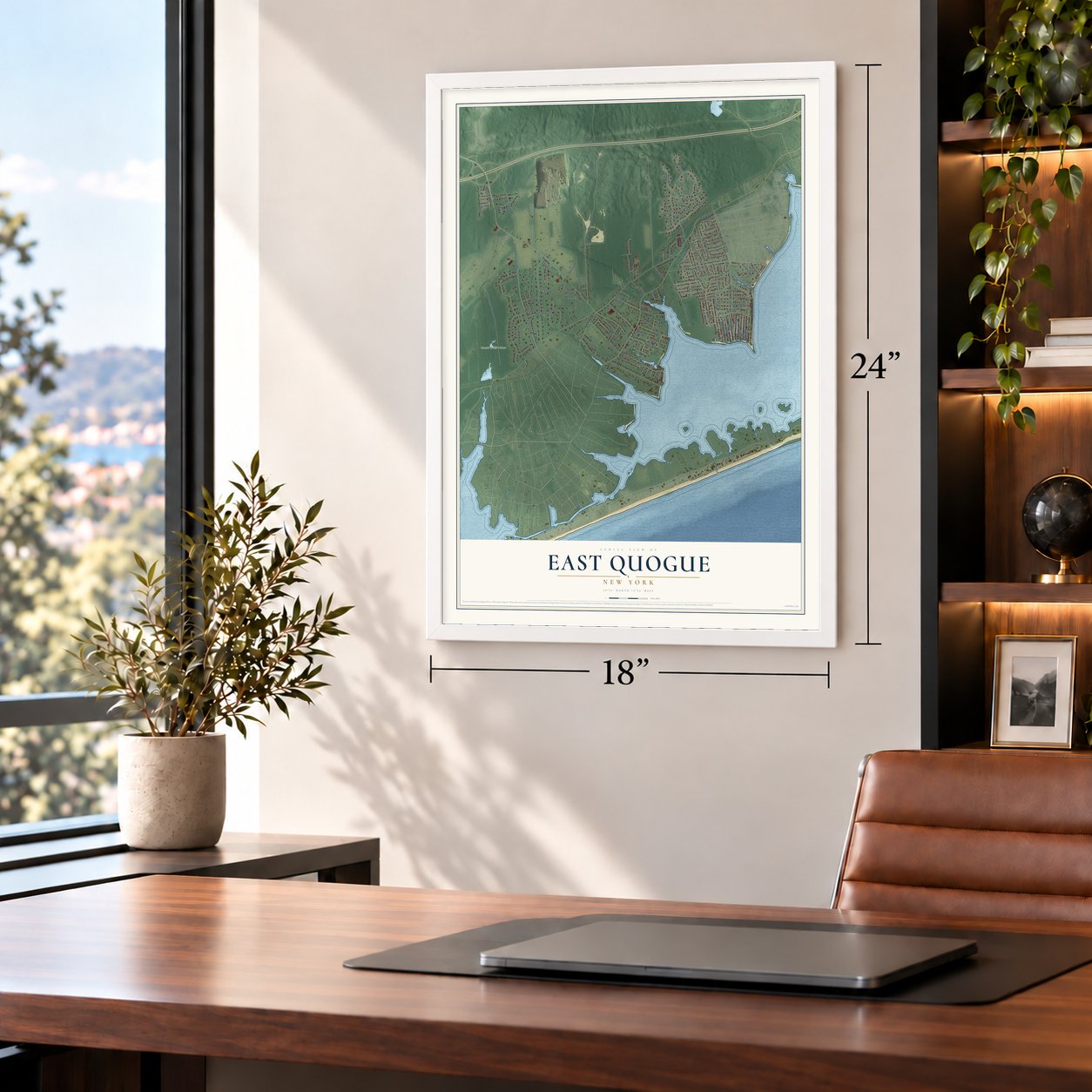 East Quogue, New York map, 18 x 24 inch print in a white frame in a home office