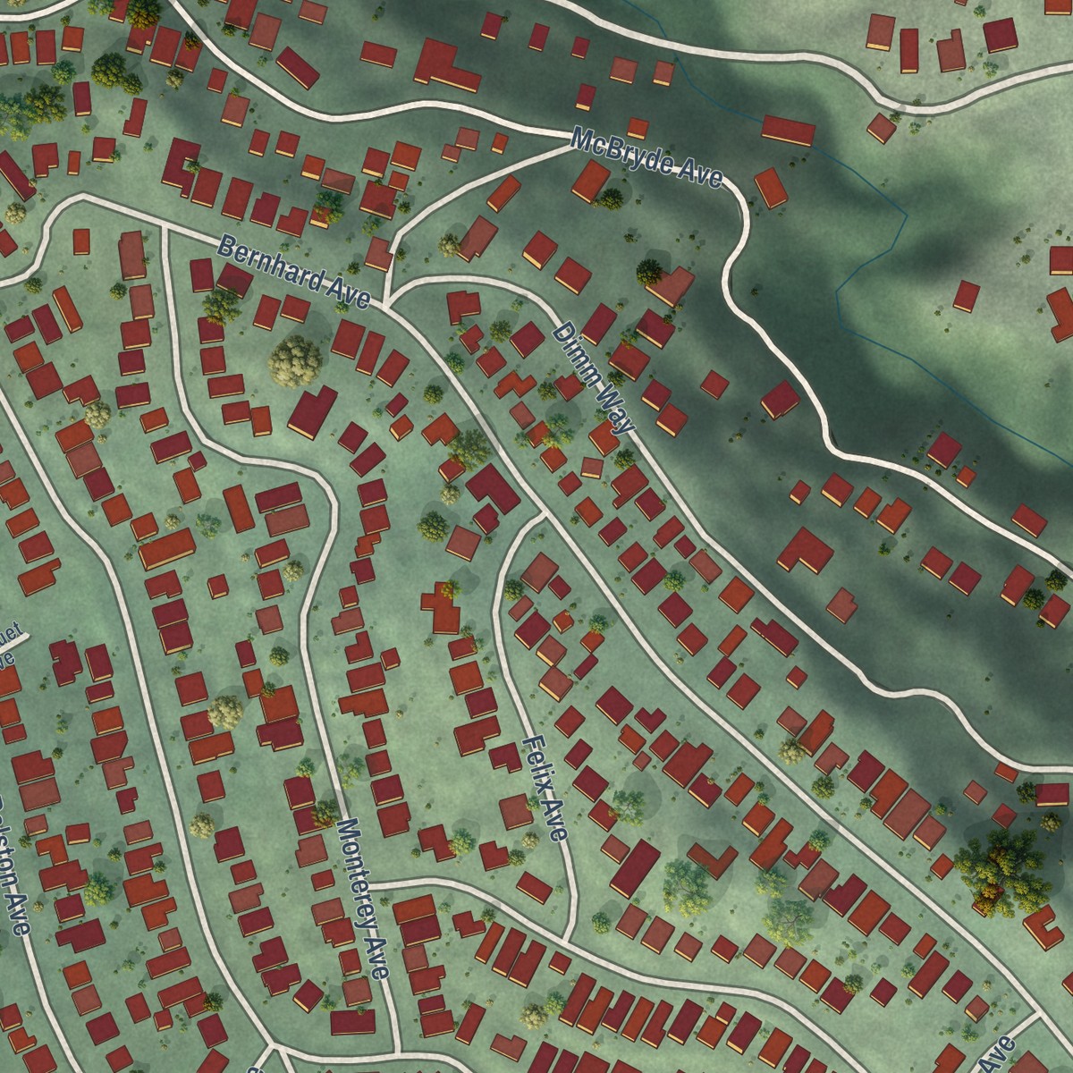 Second close-up of the map of East Richmond Heights, California print showing more streets and buildings