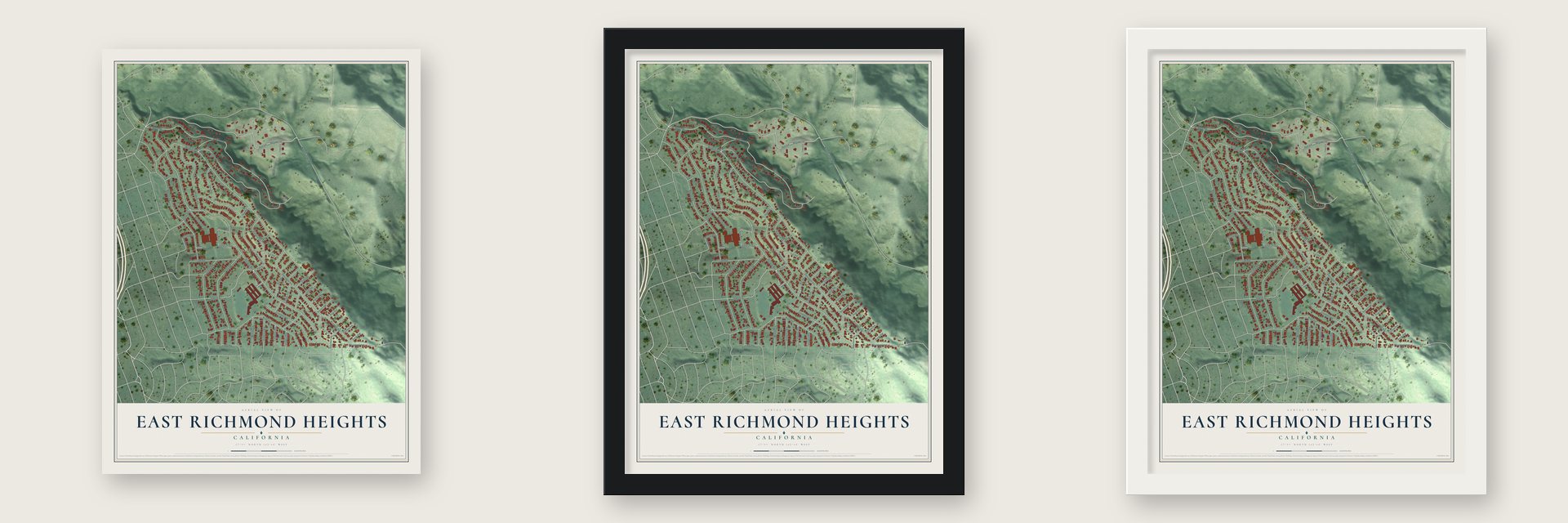East Richmond Heights, California map unframed, in a black wood frame and in a white wood frame