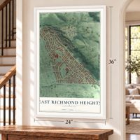 East Richmond Heights, California map, 24 x 36 inch print in a white frame by a staircase