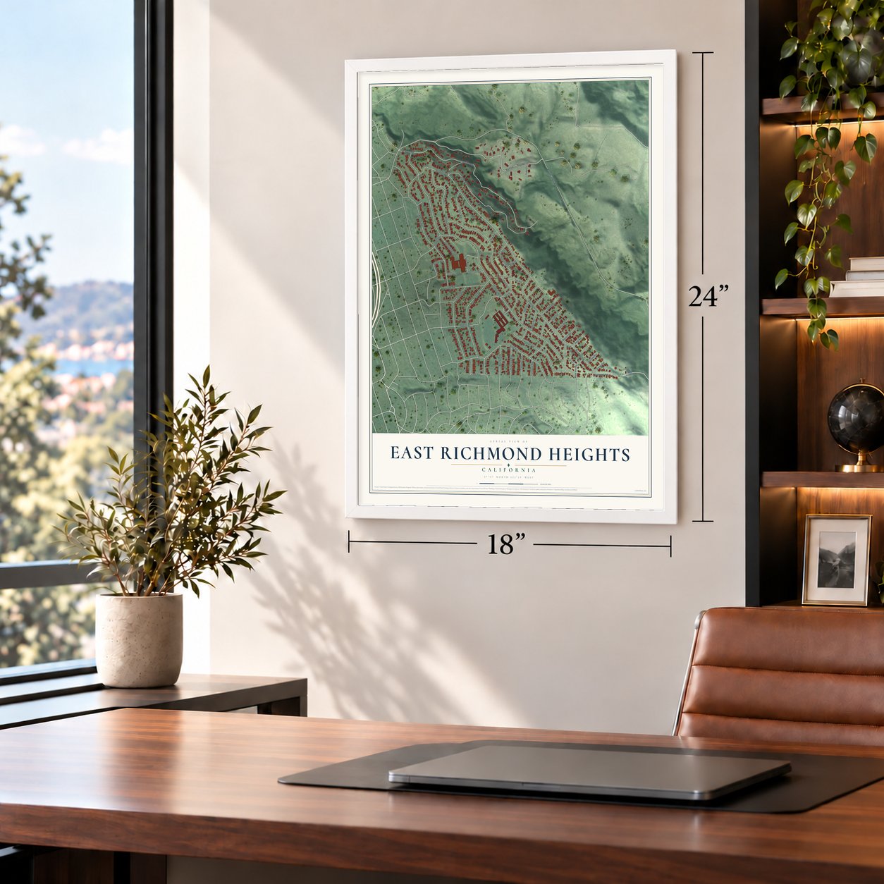 East Richmond Heights, California map, 18 x 24 inch print in a white frame in a home office