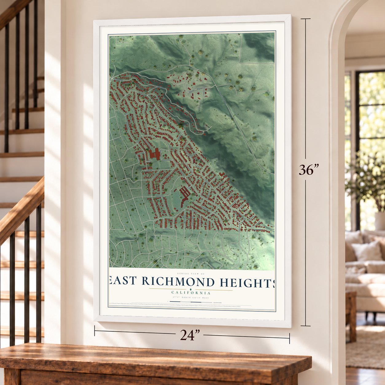 East Richmond Heights, California map, 24 x 36 inch print in a white frame by a staircase