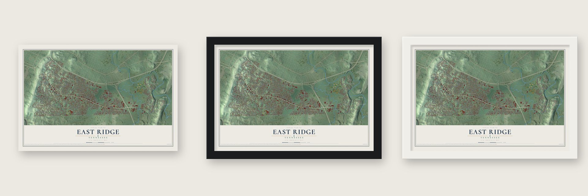 East Ridge, Tennessee map unframed, in a black wood frame and in a white wood frame