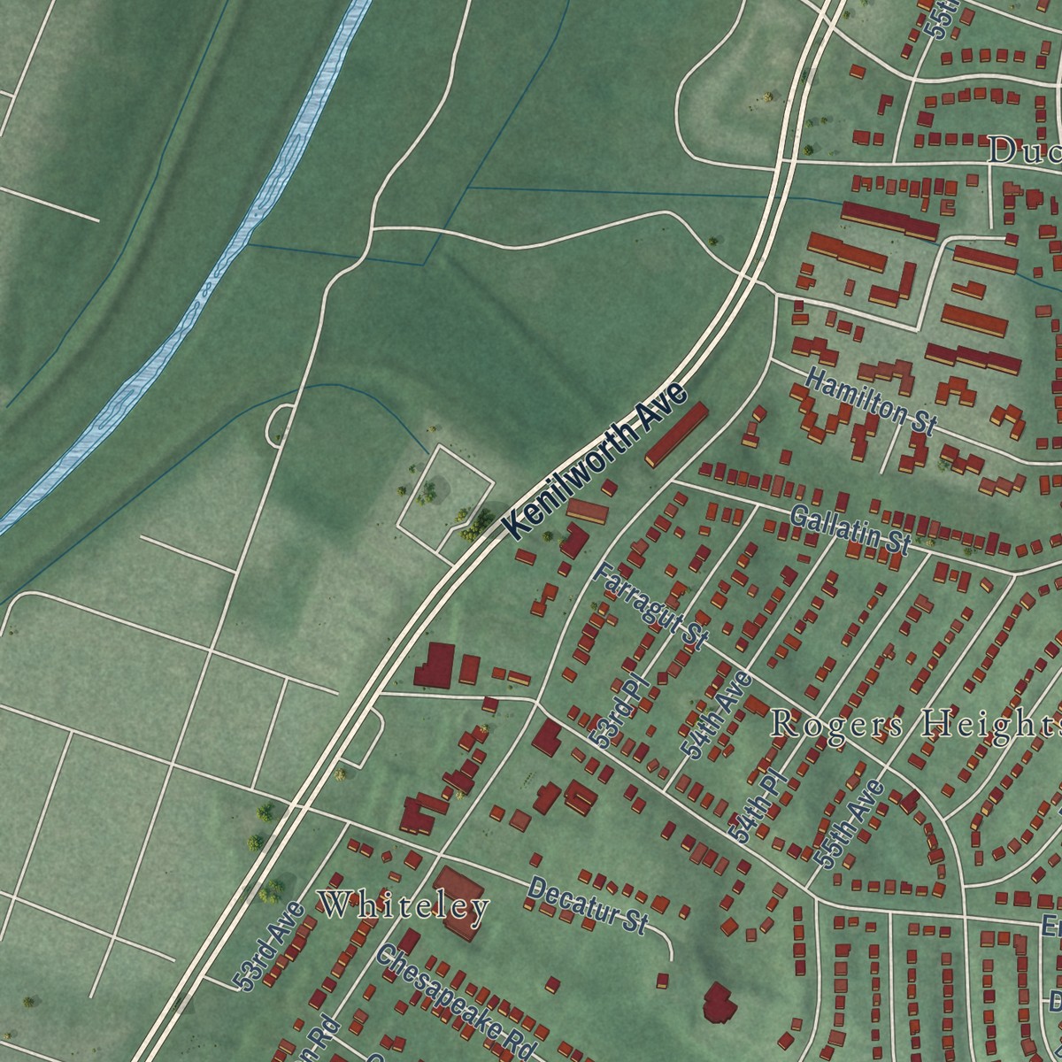 Second close-up of the map of East Riverdale, Maryland print showing more streets and buildings