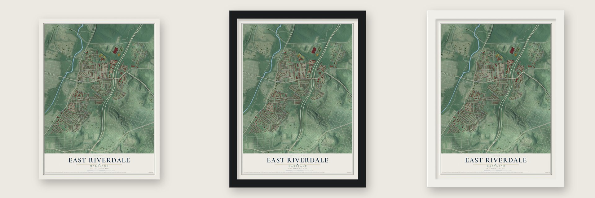 East Riverdale, Maryland map unframed, in a black wood frame and in a white wood frame