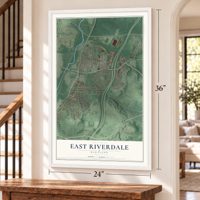 East Riverdale, Maryland map, 24 x 36 inch print in a white frame by a staircase