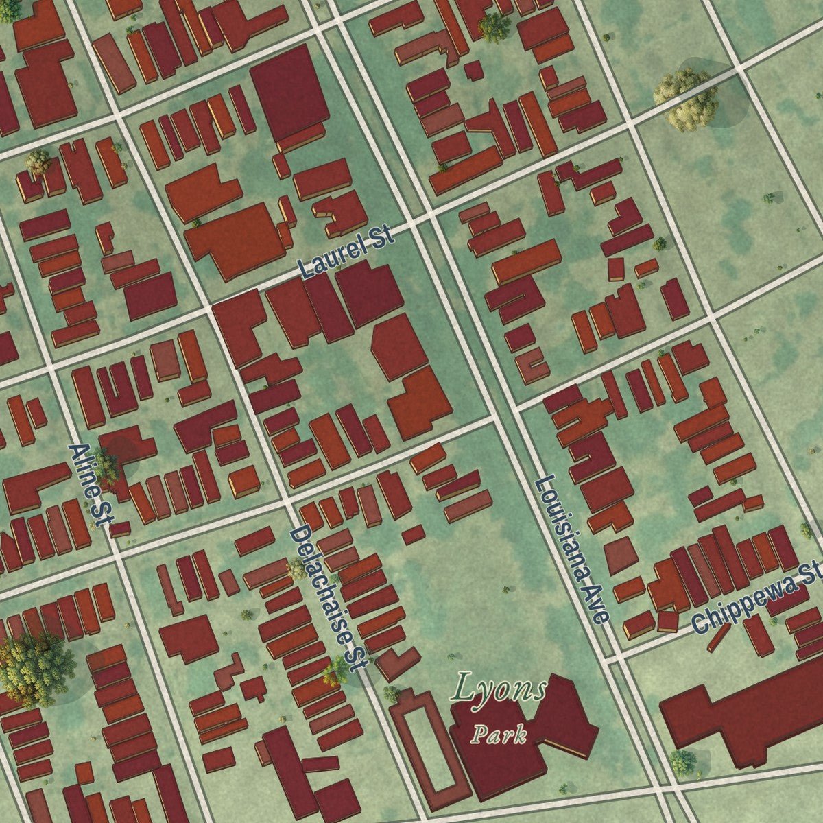 Second close-up of the map of East Riverside, Louisiana print showing more streets and buildings