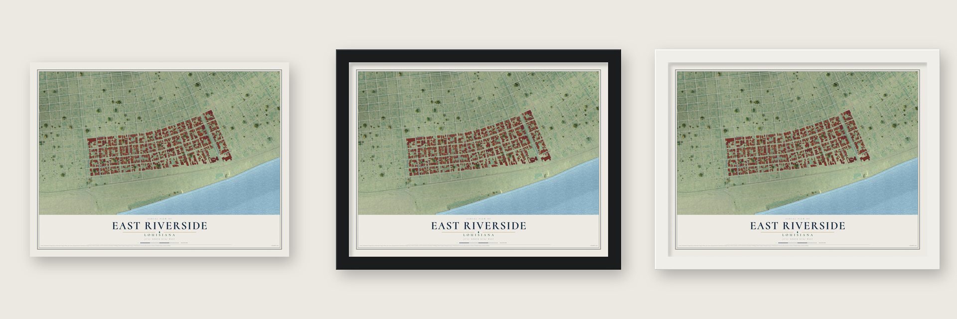 East Riverside, Louisiana map unframed, in a black wood frame and in a white wood frame