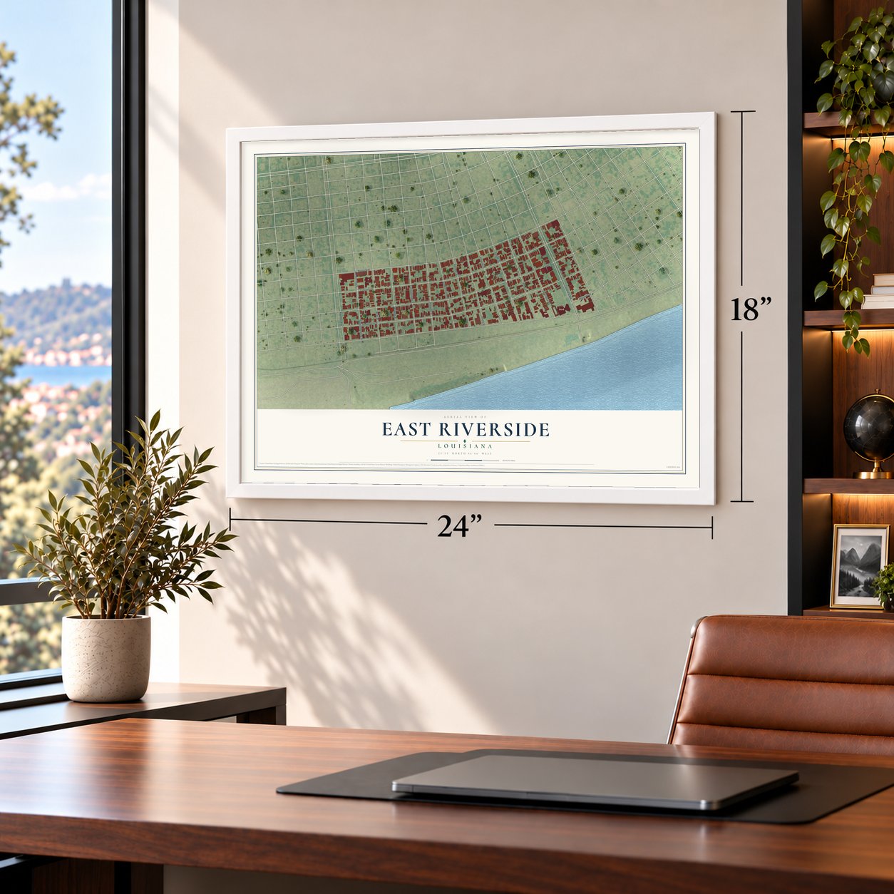 East Riverside, Louisiana map, 18 x 24 inch print in a white frame in a home office