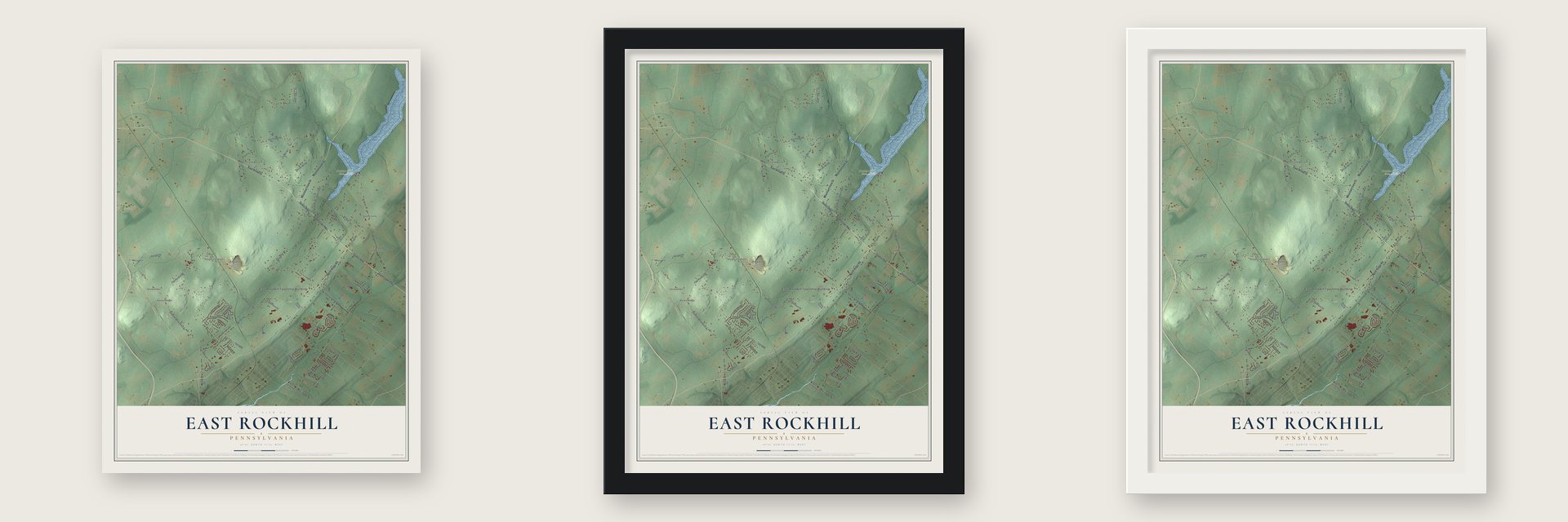 East Rockhill, Pennsylvania map unframed, in a black wood frame and in a white wood frame