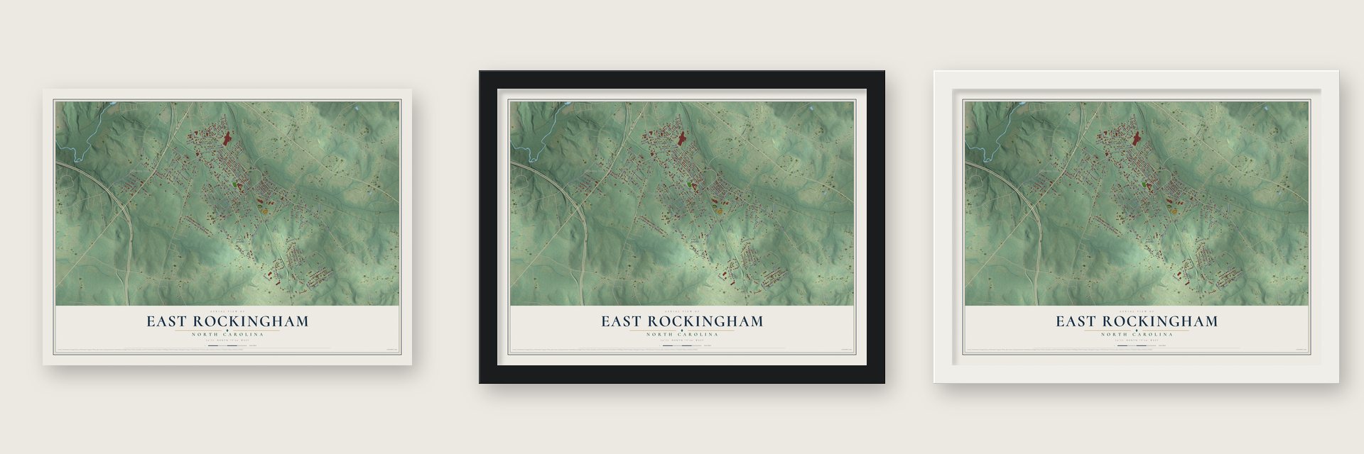 East Rockingham, North Carolina map unframed, in a black wood frame and in a white wood frame