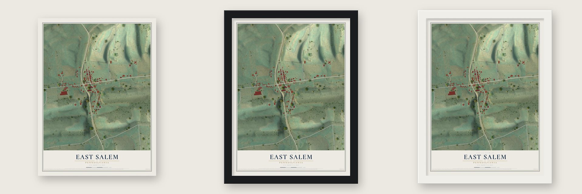 East Salem, Pennsylvania map unframed, in a black wood frame and in a white wood frame