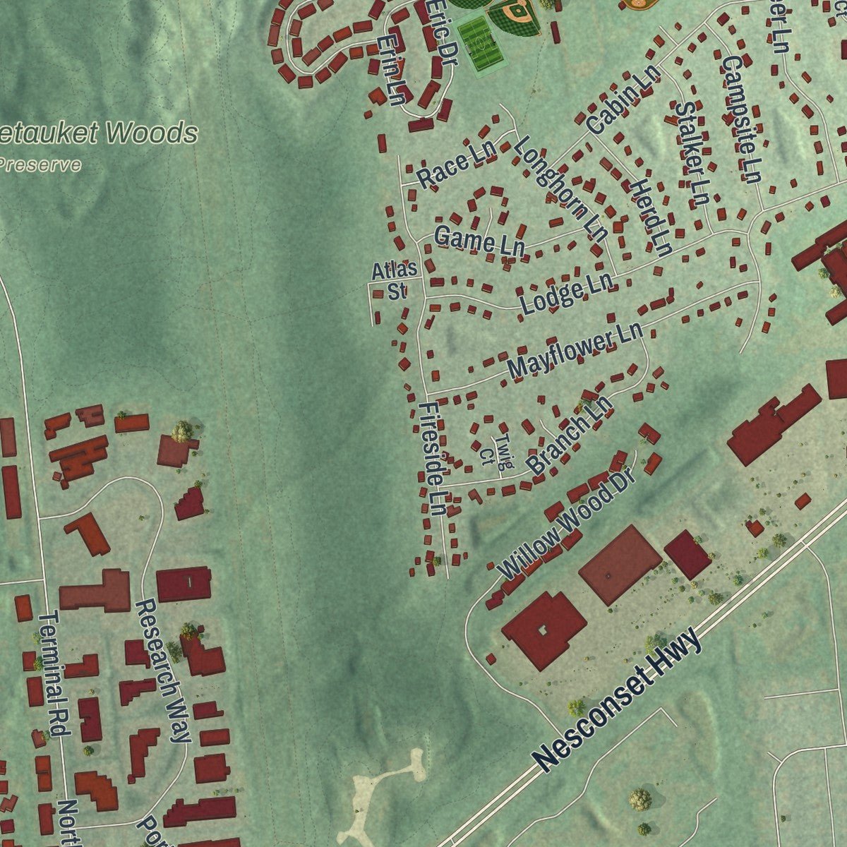 Second close-up of the map of East Setauket, New York print showing more streets and buildings