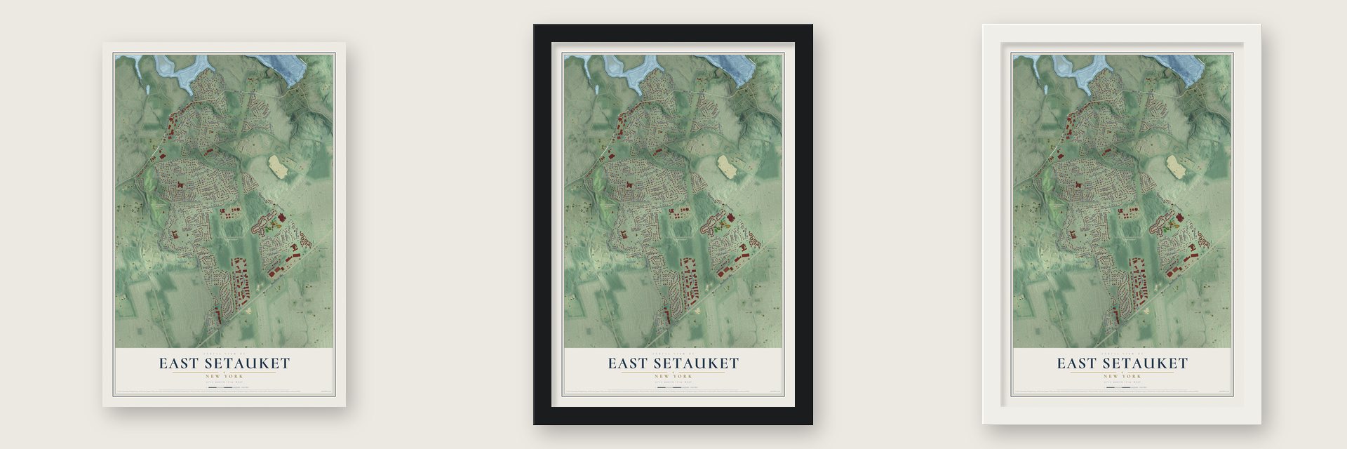 East Setauket, New York map unframed, in a black wood frame and in a white wood frame