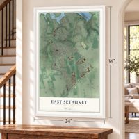 East Setauket, New York map, 24 x 36 inch print in a white frame by a staircase