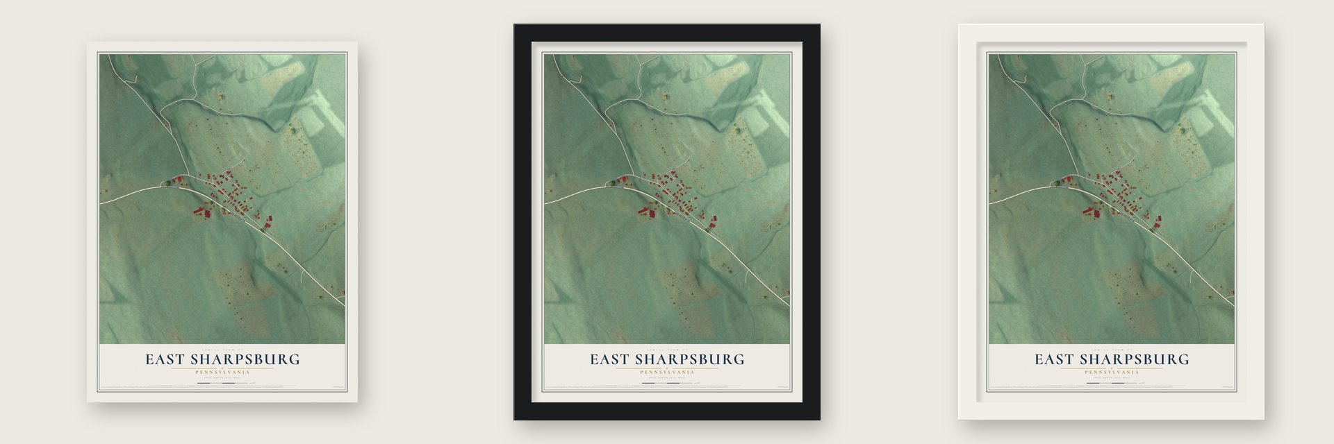 East Sharpsburg, Pennsylvania map unframed, in a black wood frame and in a white wood frame
