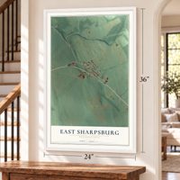 East Sharpsburg, Pennsylvania map, 24 x 36 inch print in a white frame by a staircase