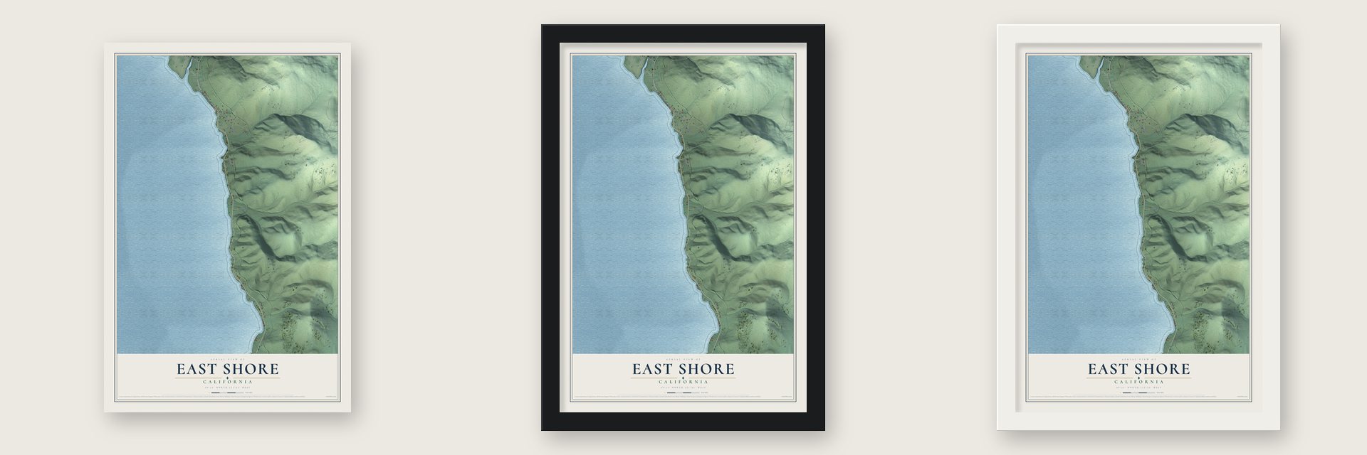 East Shore, California map unframed, in a black wood frame and in a white wood frame