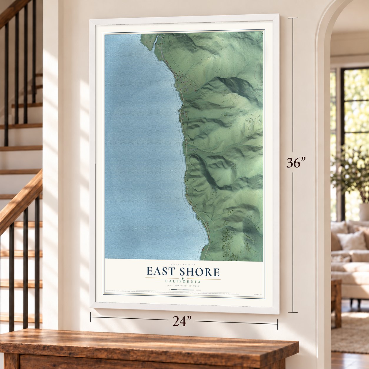 East Shore, California map, 24 x 36 inch print in a white frame by a staircase