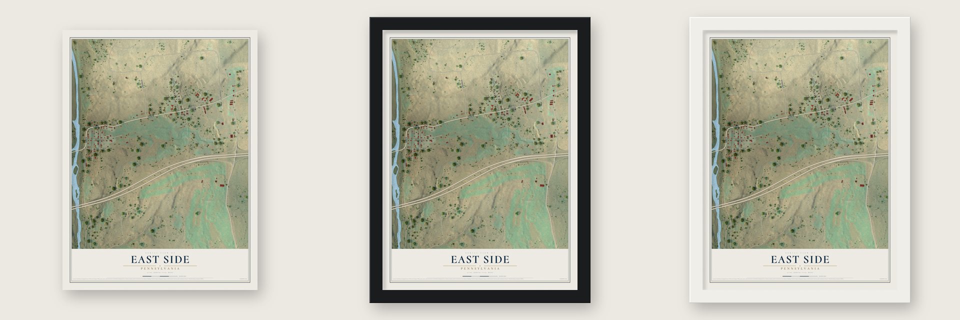 East Side, Pennsylvania map unframed, in a black wood frame and in a white wood frame