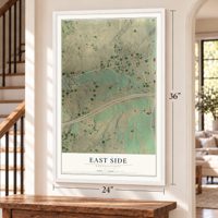East Side, Pennsylvania map, 24 x 36 inch print in a white frame by a staircase