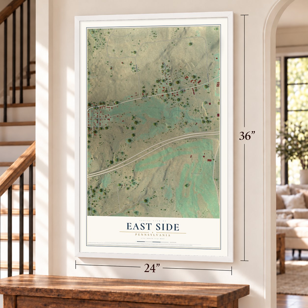 East Side, Pennsylvania map, 24 x 36 inch print in a white frame by a staircase