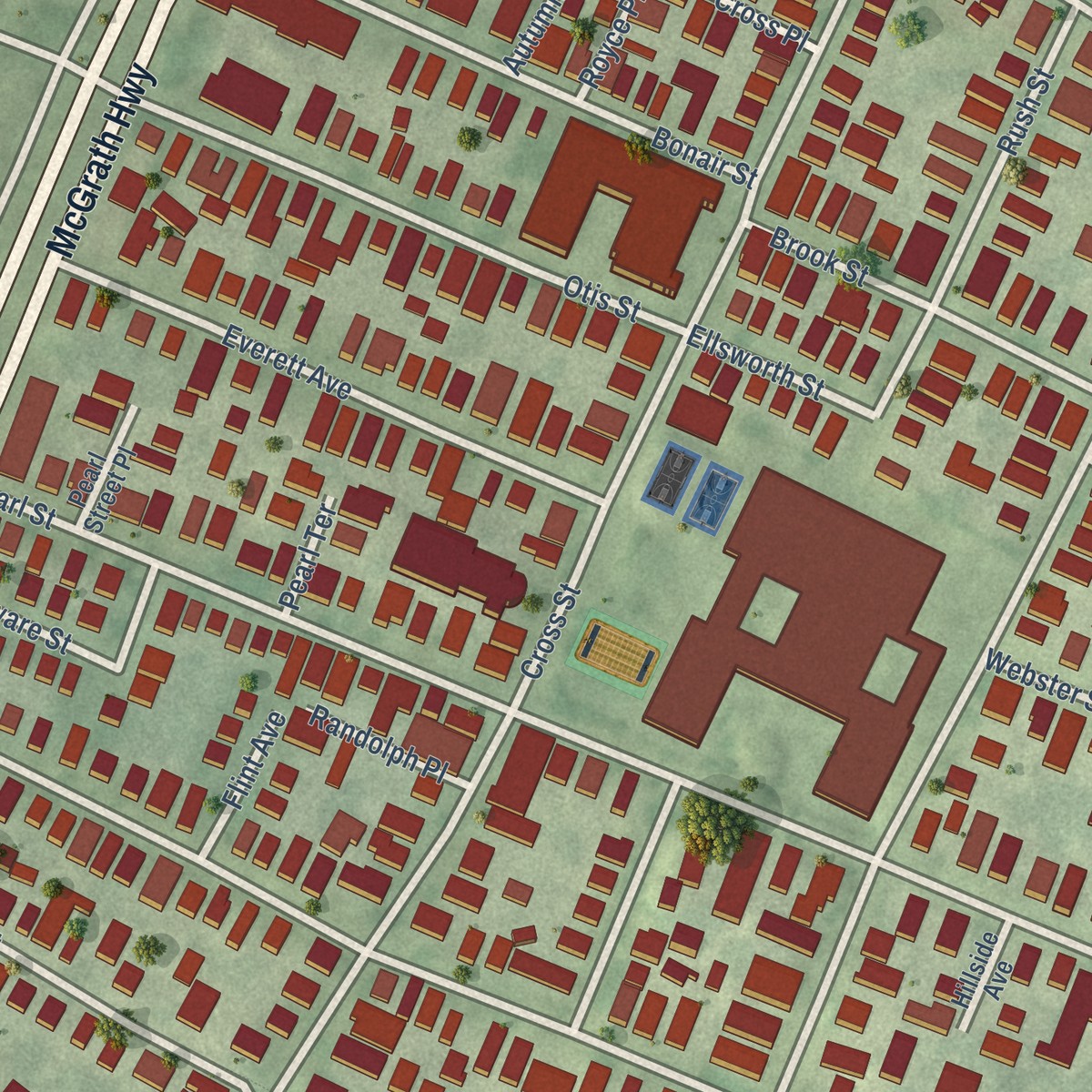 Second close-up of the map of East Somerville, Massachusetts print showing more streets and buildings