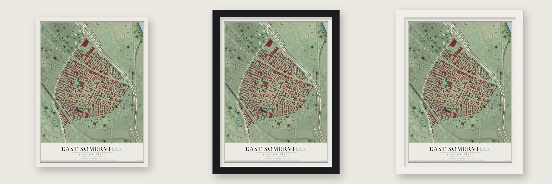 East Somerville, Massachusetts map unframed, in a black wood frame and in a white wood frame