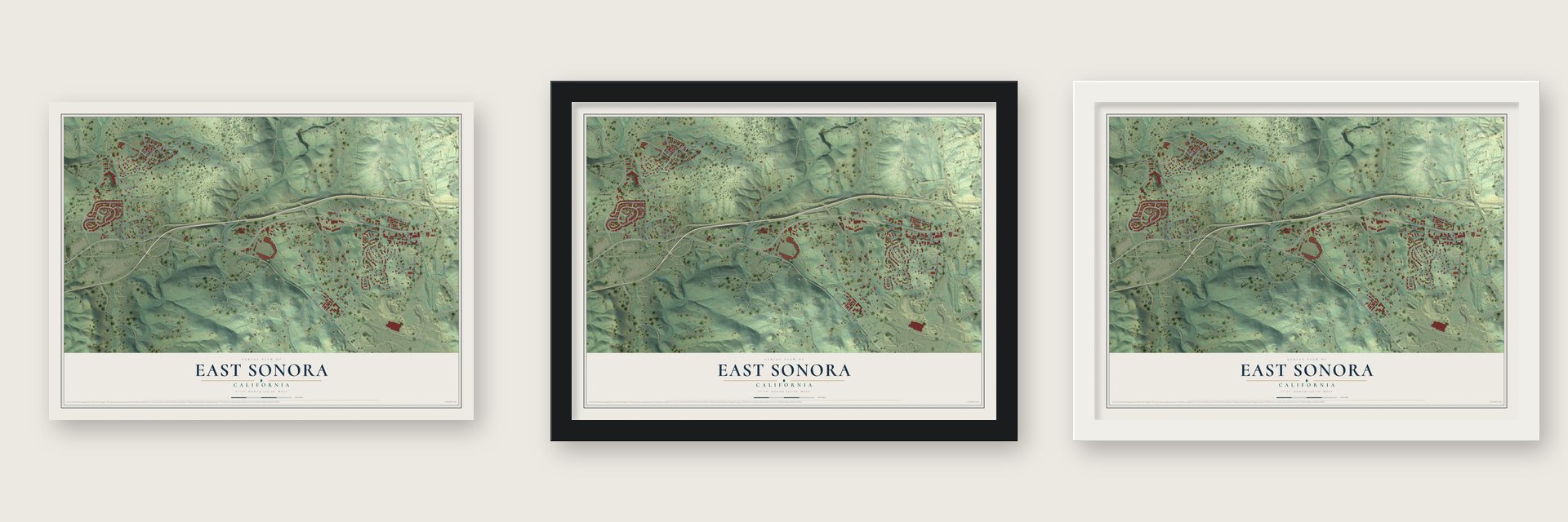 East Sonora, California map unframed, in a black wood frame and in a white wood frame