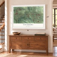 East Sonora, California map, 24 x 36 inch print in a white frame above a dresser by a staircase