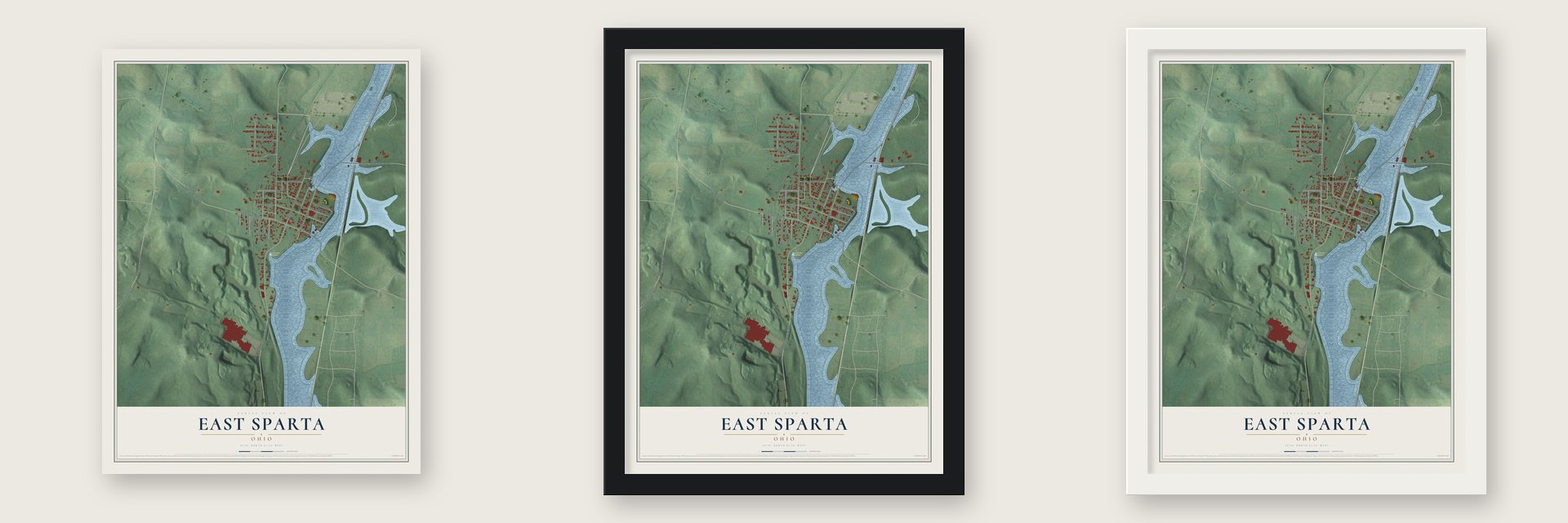 East Sparta, Ohio map unframed, in a black wood frame and in a white wood frame