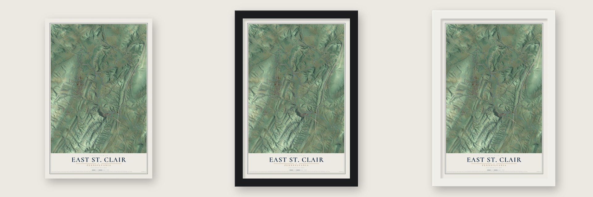 East St. Clair, Pennsylvania map unframed, in a black wood frame and in a white wood frame