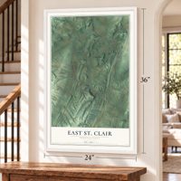 East St. Clair, Pennsylvania map, 24 x 36 inch print in a white frame by a staircase