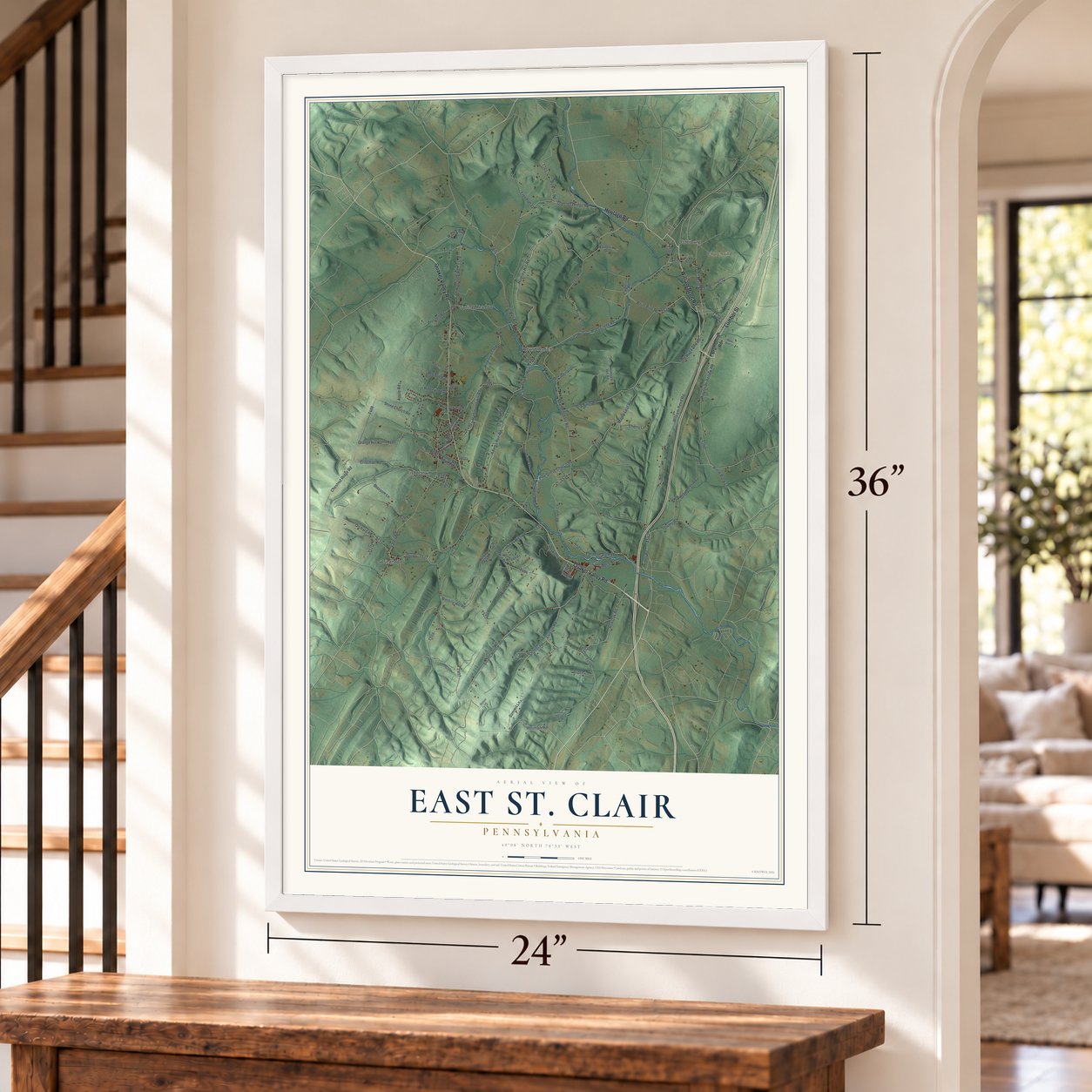 East St. Clair, Pennsylvania map, 24 x 36 inch print in a white frame by a staircase