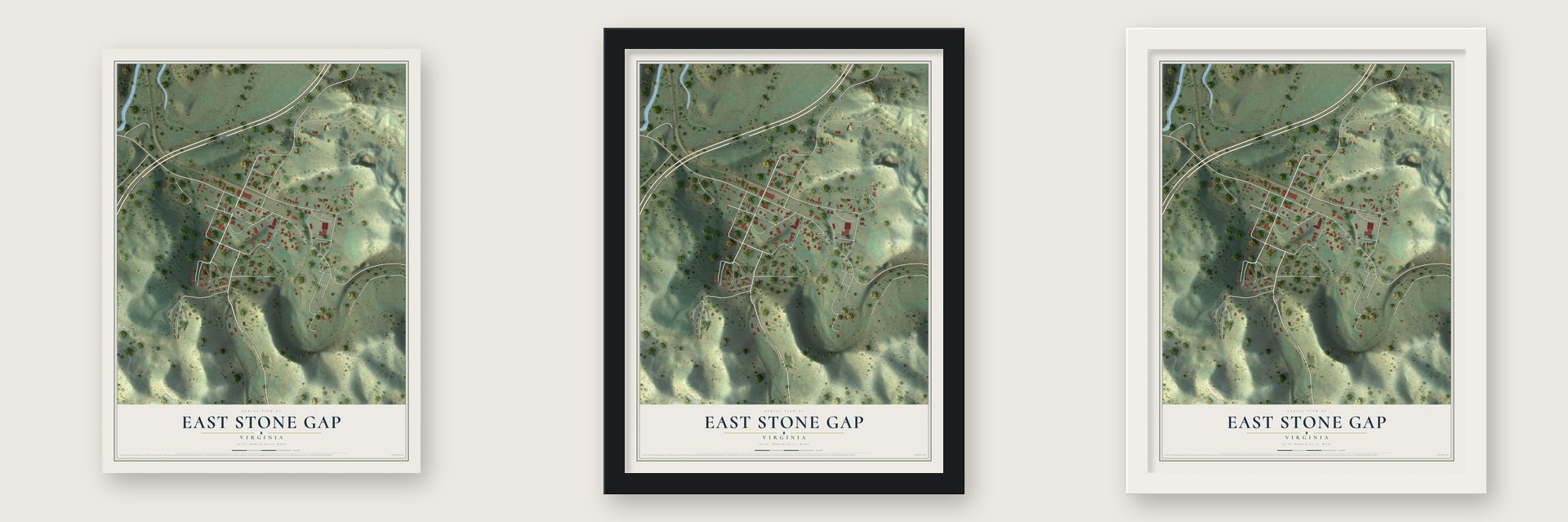 East Stone Gap, Virginia map unframed, in a black wood frame and in a white wood frame