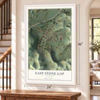 East Stone Gap, Virginia map, 24 x 36 inch print in a white frame by a staircase